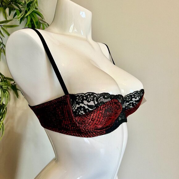 Lily of France Other - NWT Lily of France Vintage Demi Lace Bra in Hot Red Metallic & Black Lace 36C